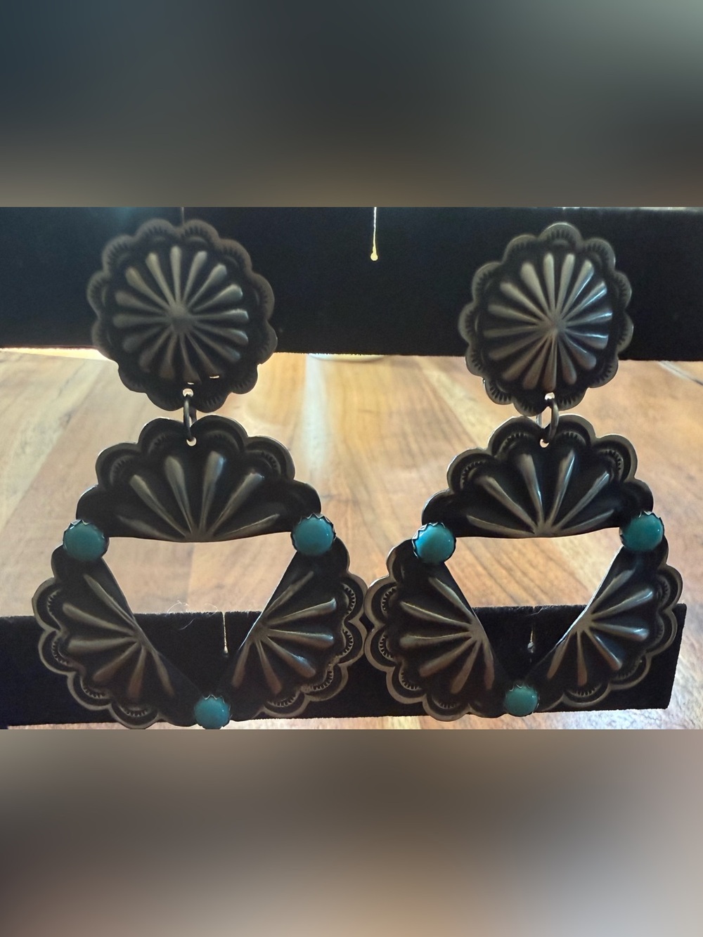 Leander Tahe concho with turquoise earrings